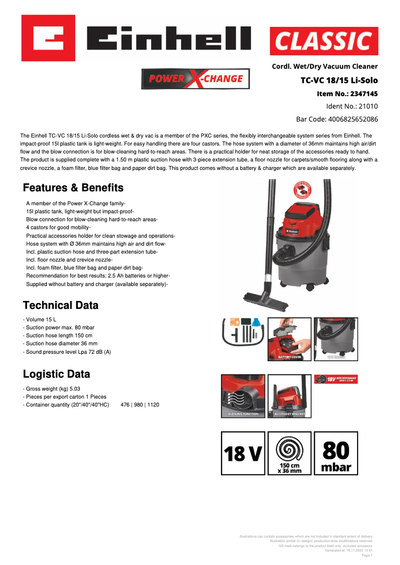 Image de la première page du manuel de l'appareil TC-VC 18/15 Li-Solo