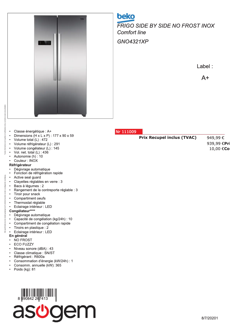 Page n°1 - Fiche technique Beko GNO4321XP
