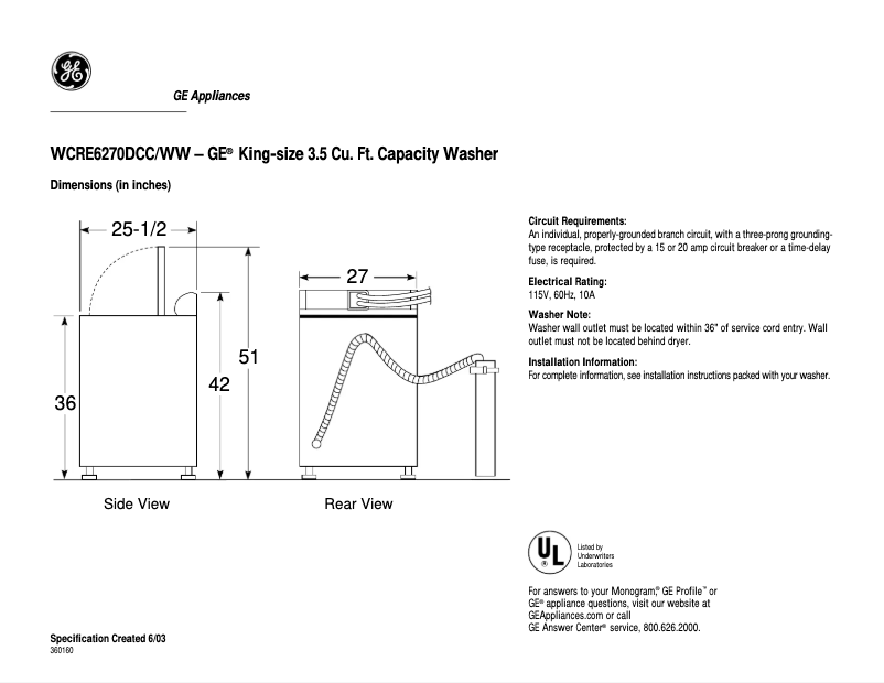 Page n°1 - Fiche technique GE WCRE6270DWW