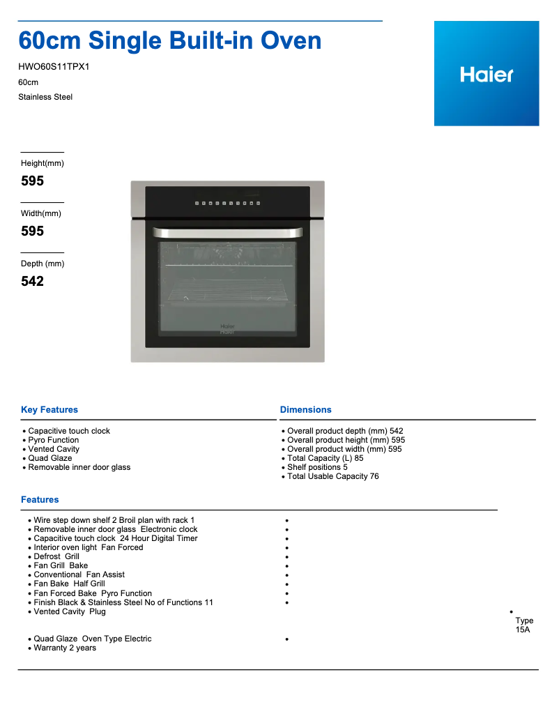Page 1 de la notice Fiche technique Haier HWO60S11TPX1