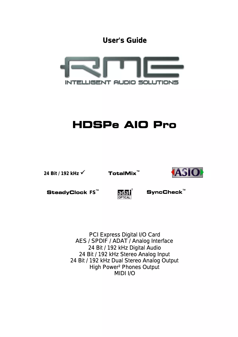 Page n°1 - Manuel utilisateur RME HDSPe AIO Pro
