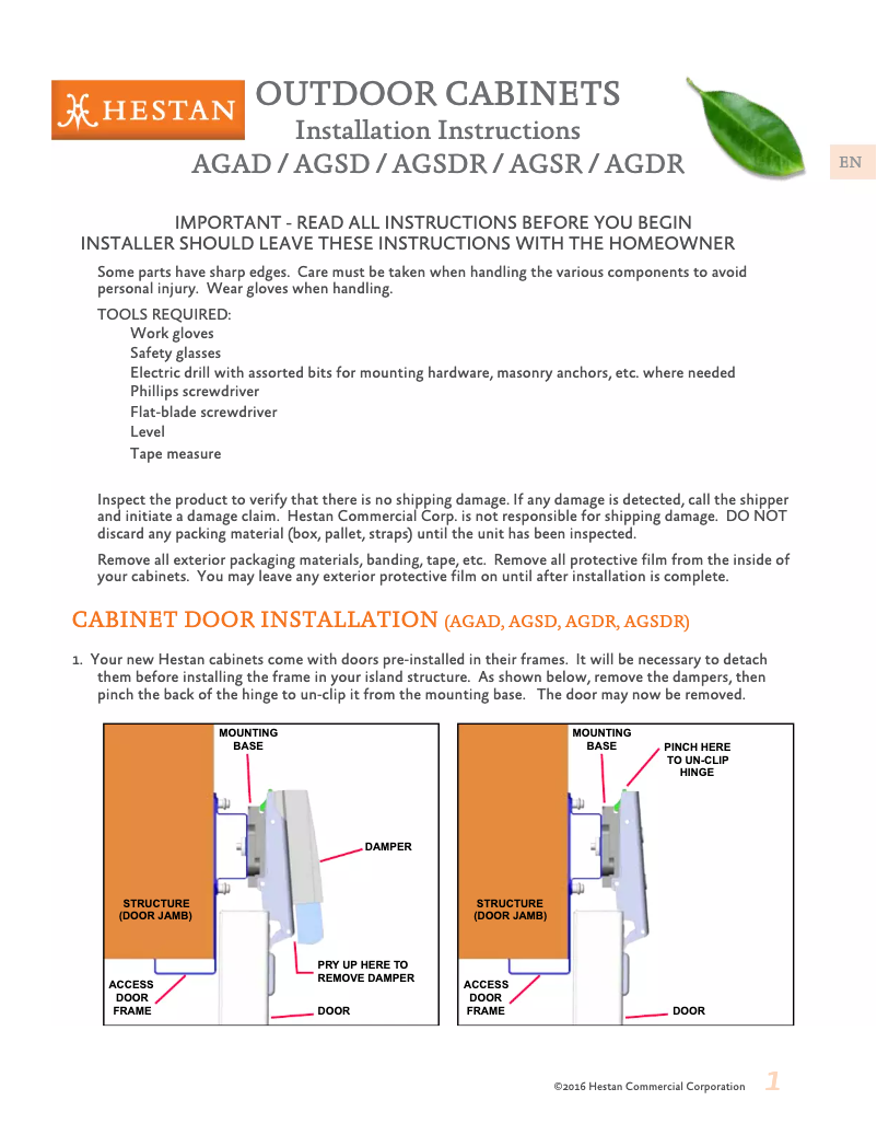 Page 1 de la notice Guide d'installation Hestan AGAD36