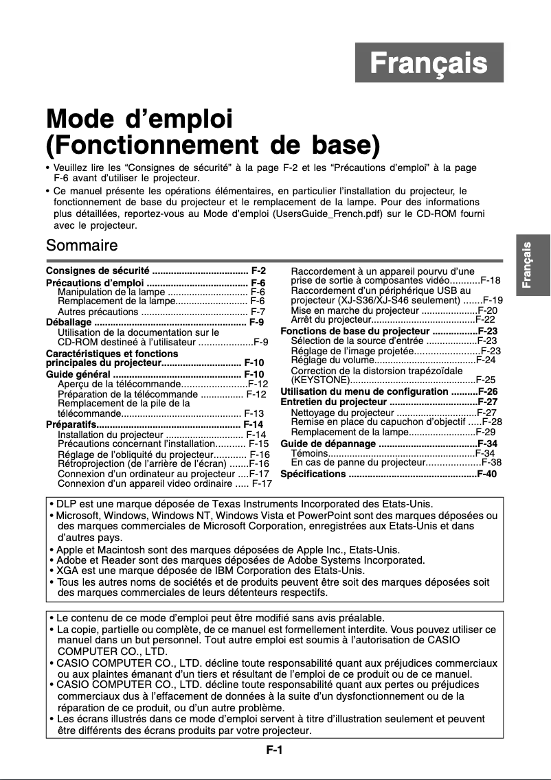Page 1 de la notice Manuel utilisateur Casio XJ-S31