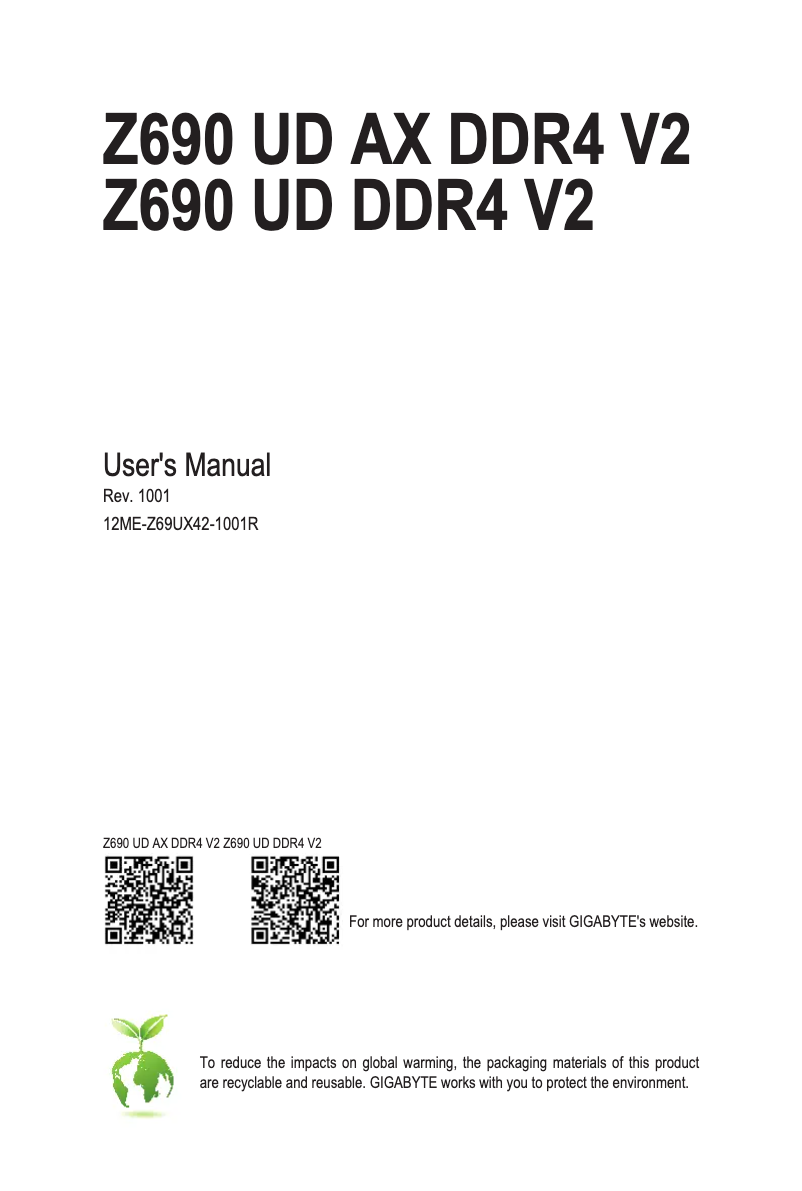 Page 1 de la notice Manuel utilisateur Gigabyte Z690 UD DDR4 V2