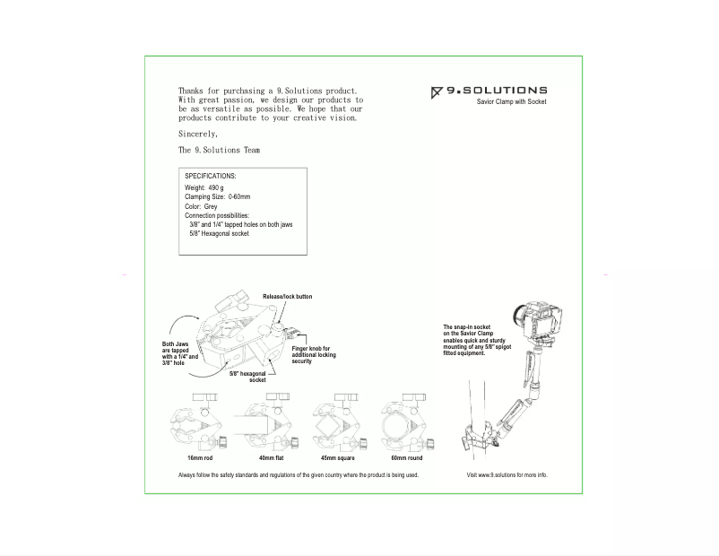 Page 1 de la notice Manuel utilisateur 9.solutions Savior Clamp With Socket