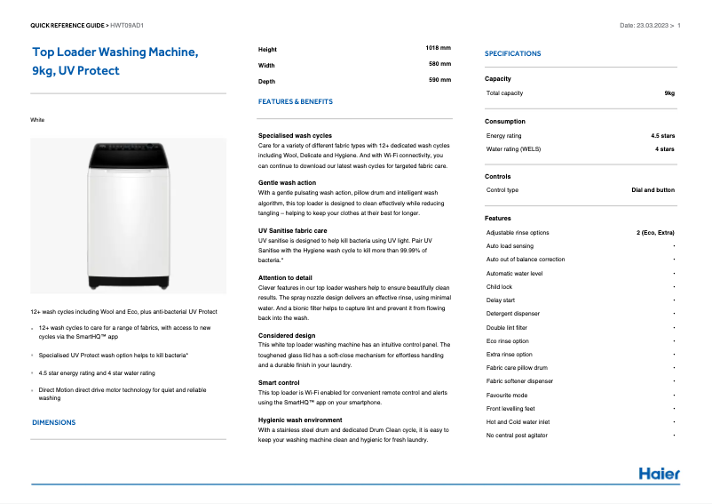 Image de la première page du manuel de l'appareil HWT09AD1