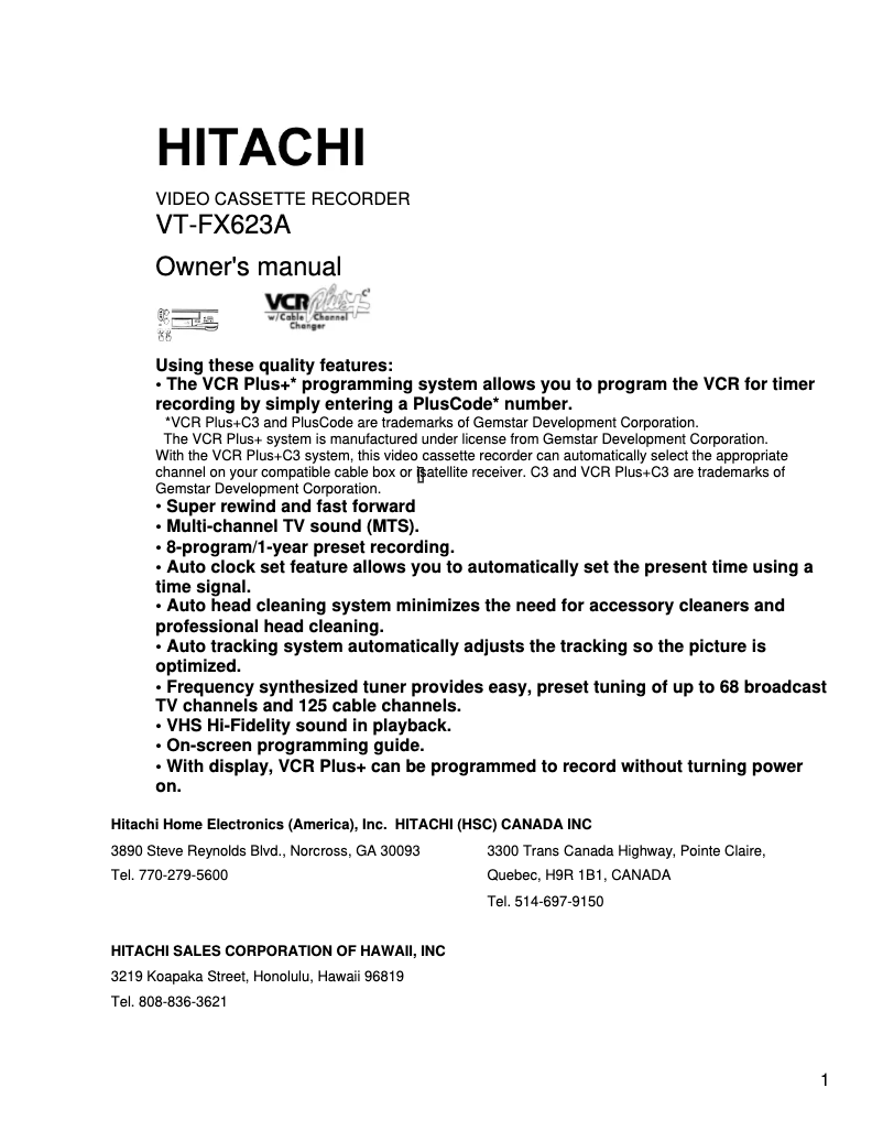 Page 1 de la notice Manuel utilisateur Hitachi VT-FX623A