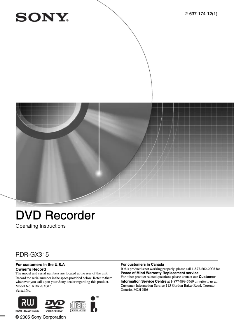 Page 1 de la notice Manuel utilisateur Sony RDR-GX315