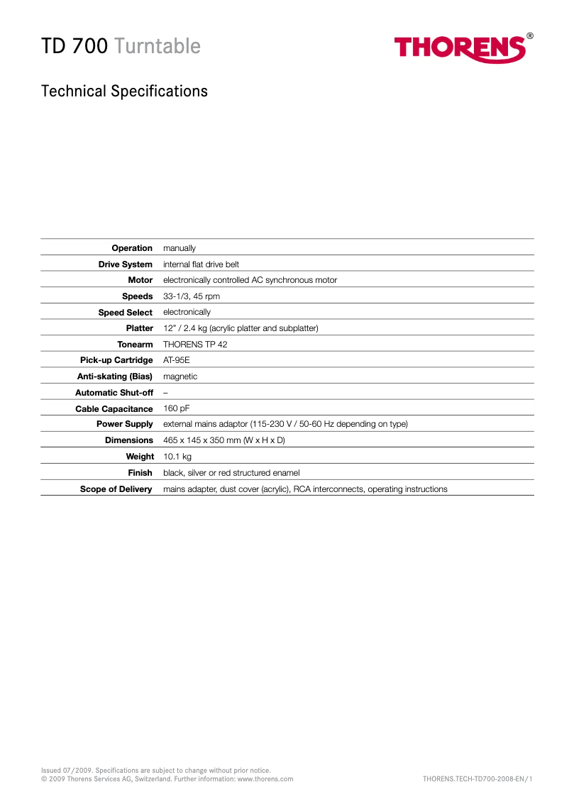 Page 1 de la notice Fiche technique Thorens TD 700