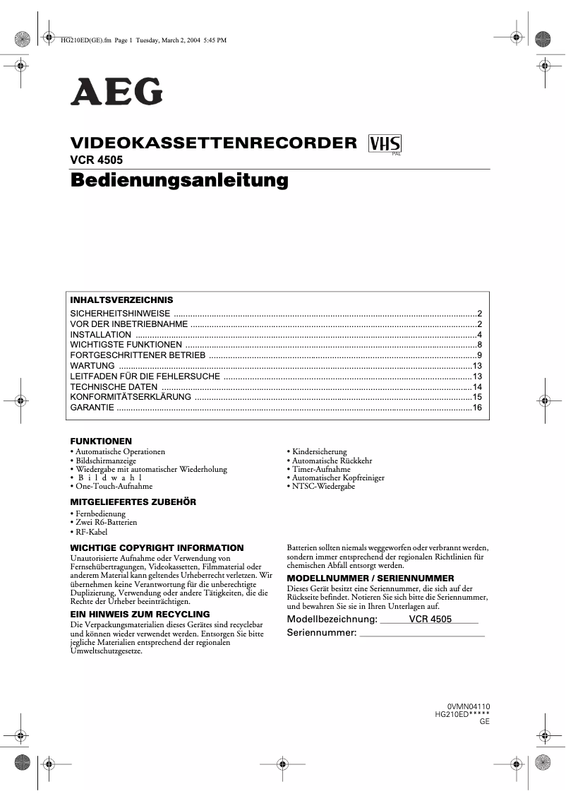 Page 1 de la notice Manuel utilisateur AEG VCR 4505