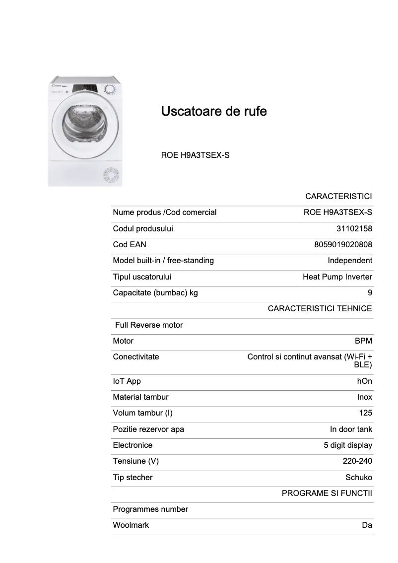 Page n°1 - Fiche technique Candy ROE H9A3TSEX-S