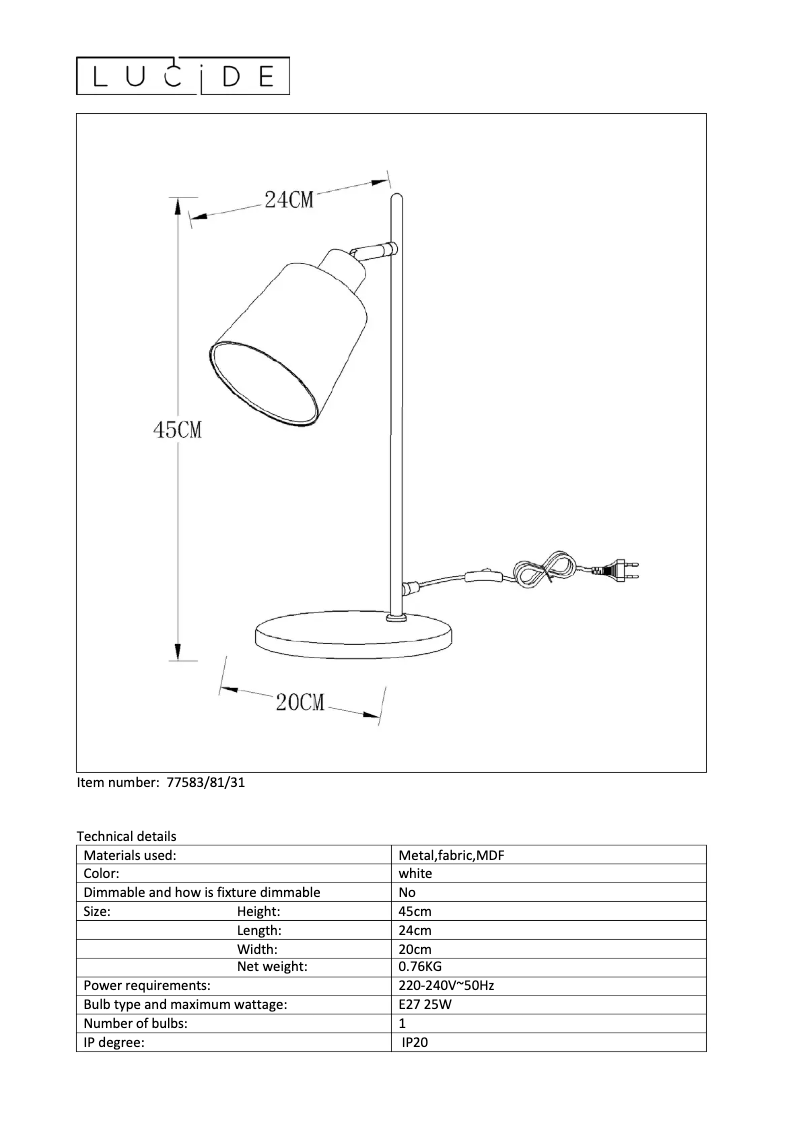 Page n°1 - Manuel utilisateur Lucide Pippa 77583/81/31