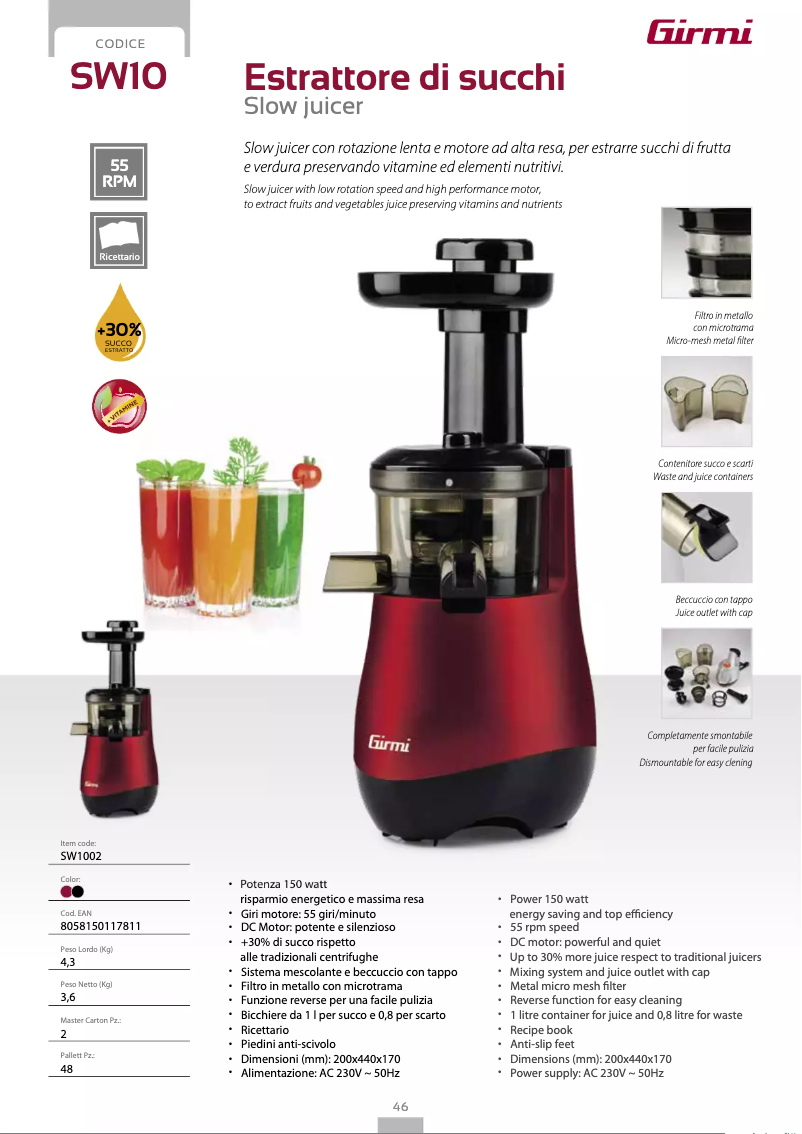 Página 1 del manual Ficha técnica Girmi SW10