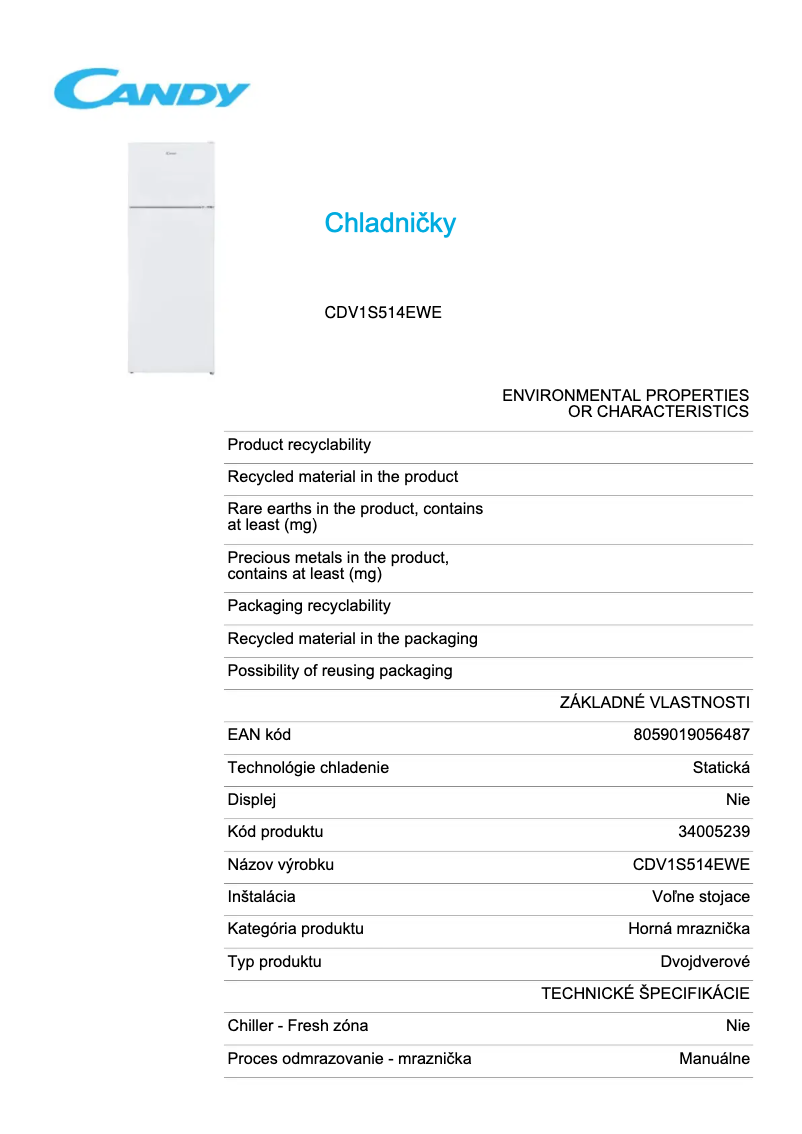Page 1 de la notice Fiche technique Candy CDV1S514EWE