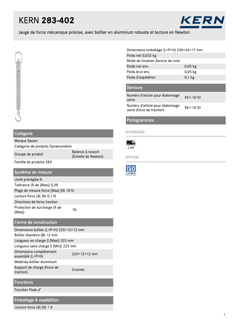 Page 1 de la notice Fiche technique Kern 283-402