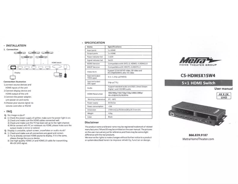 Page 1 de la notice Manuel utilisateur Metra CS-HDM5X1SW4