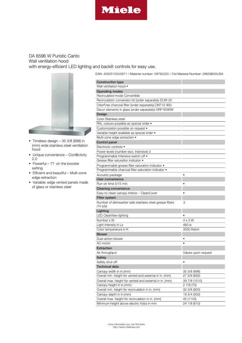 Page 1 de la notice Fiche technique Miele DA 6596 W Puristic Canto