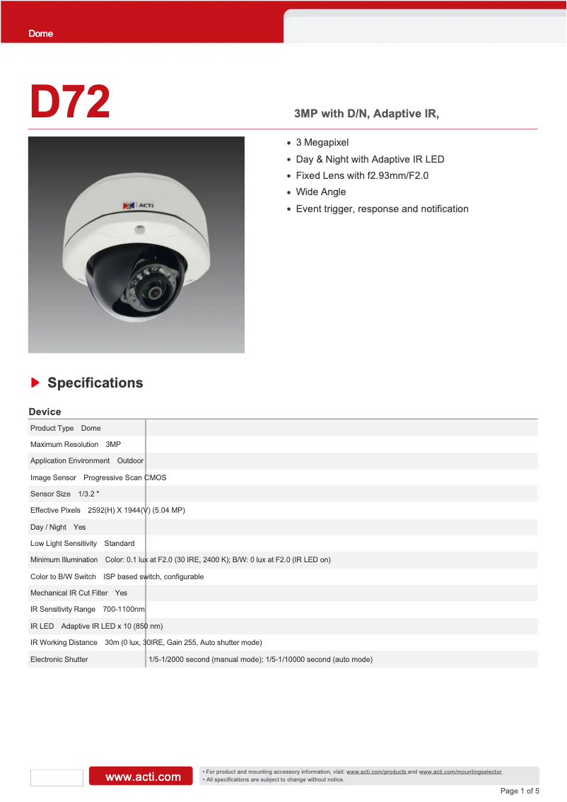 Page n°1 - Fiche technique ACTi D72