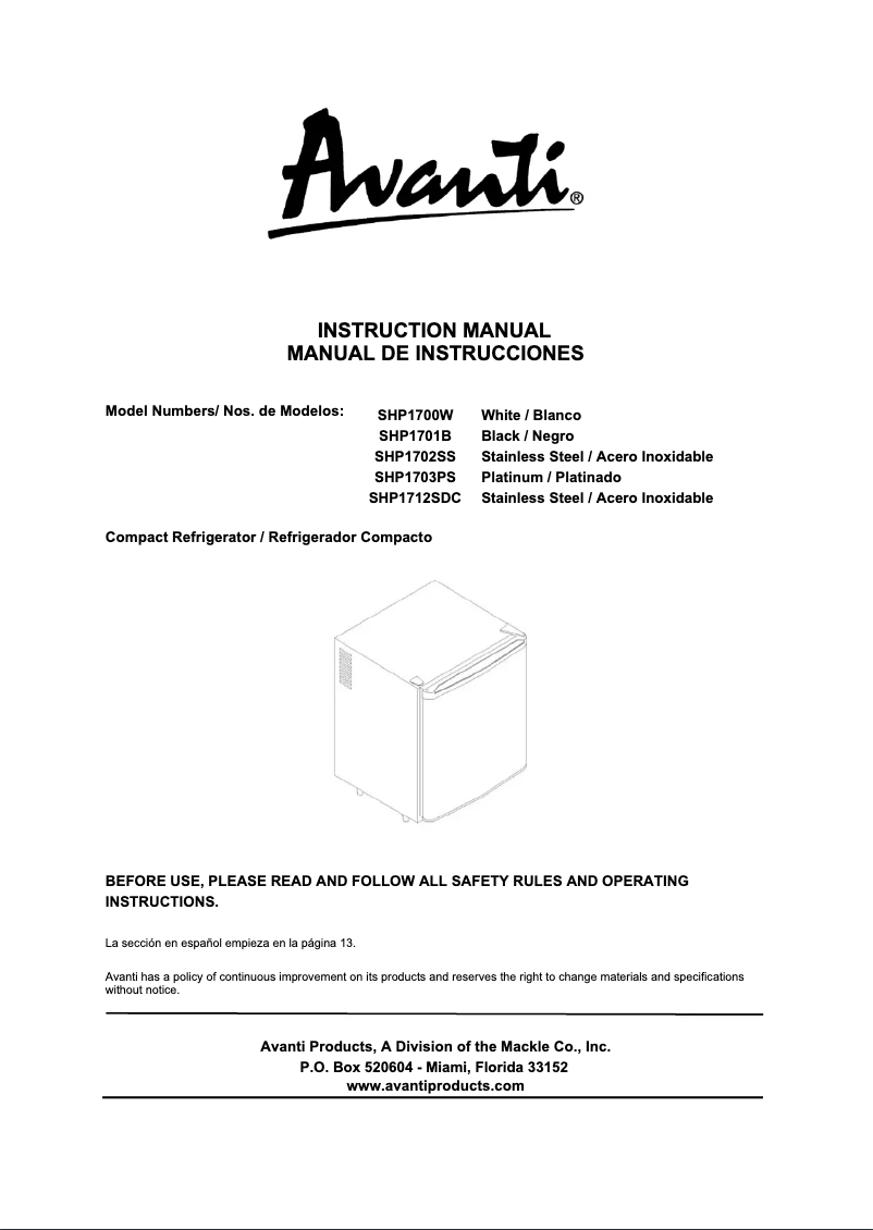 Page n°1 - Manuel utilisateur Avanti SHP1702