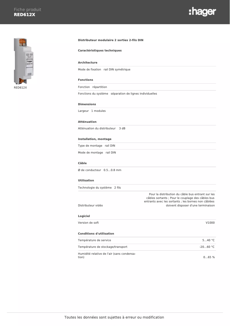 Page 1 de la notice Fiche technique Hager RED612X