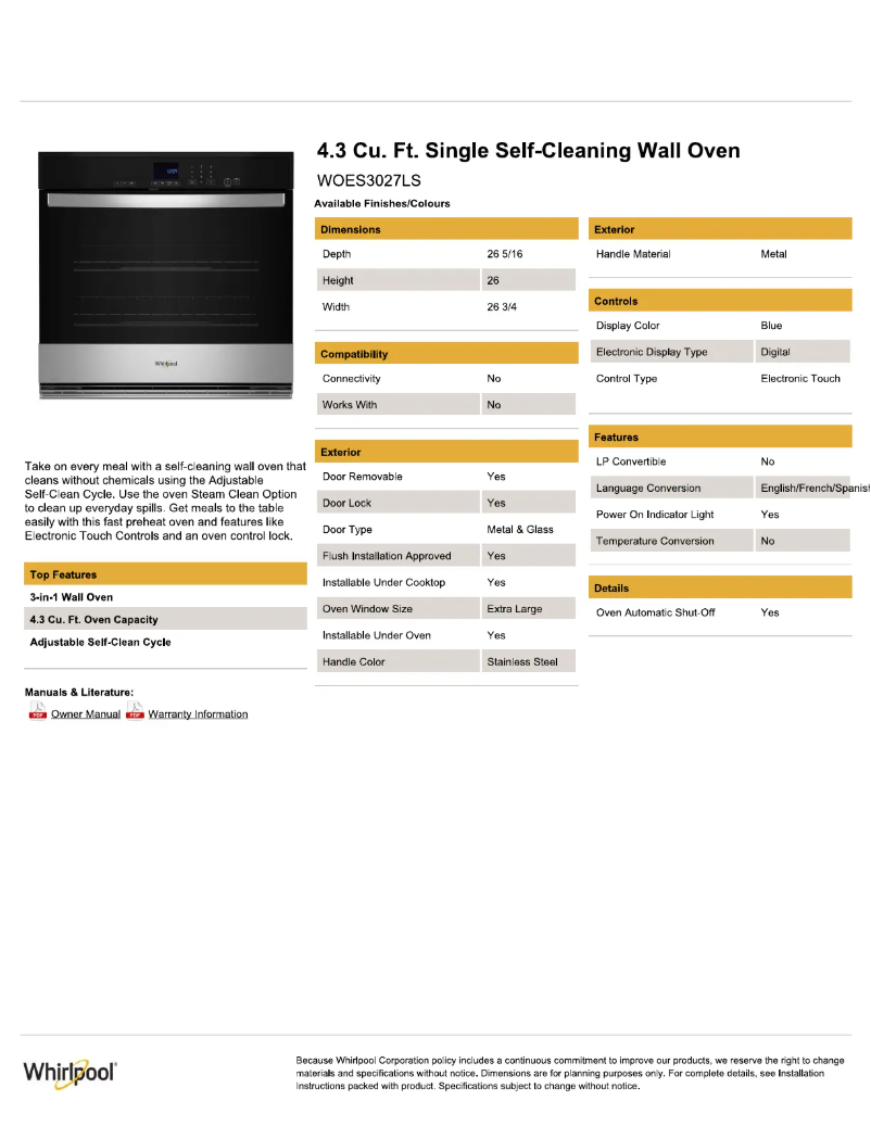 Página 1 del manual Ficha técnica Whirlpool WOES3027LS