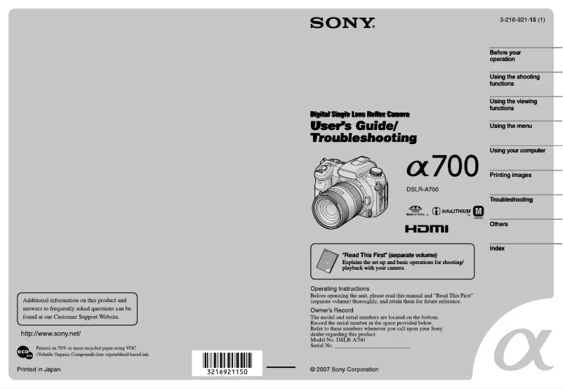 Page n°1 - Manuel utilisateur Sony Alpha DSLR-A700