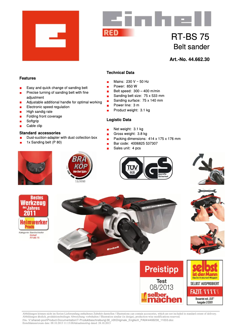 Page 1 de la notice Fiche technique Einhell RT-BS 75