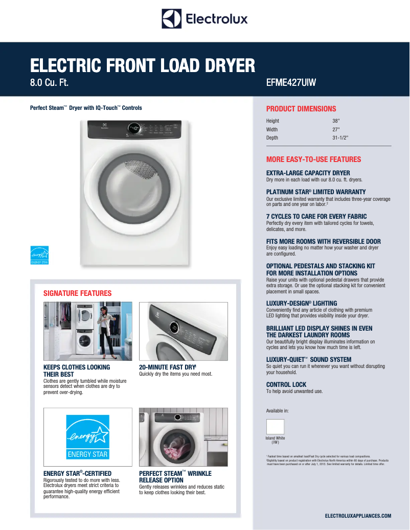 Page 1 de la notice Fiche technique Electrolux EFME427UIW