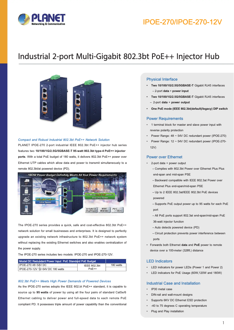 Page 1 de la notice Fiche technique Planet IPOE-270