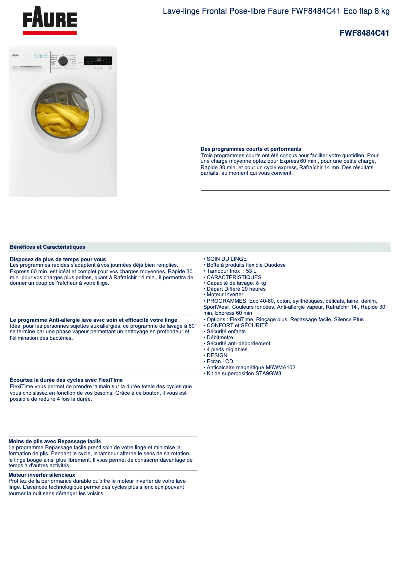 Page 1 de la notice Fiche technique Faure FWF8484C41