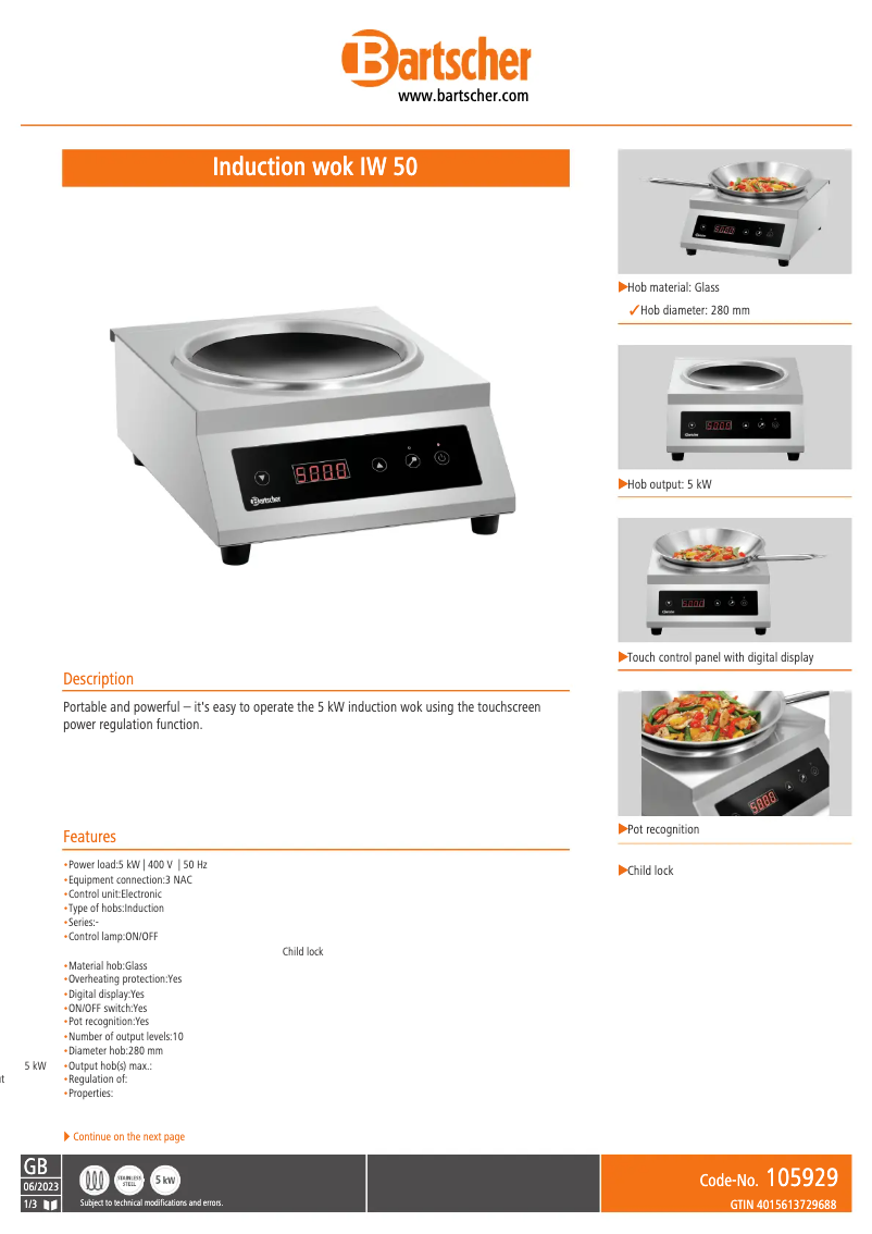 Page n°1 - Fiche technique Bartscher IW 50