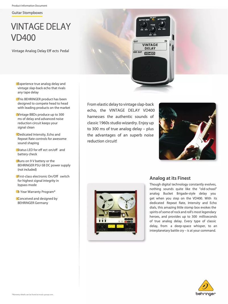 Image de la première page du manuel de l'appareil Vintage Delay VD400