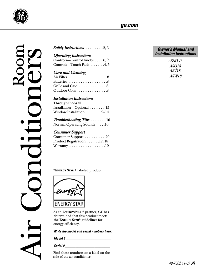 Page n°1 - Guide d'installation GE ASQ18DL