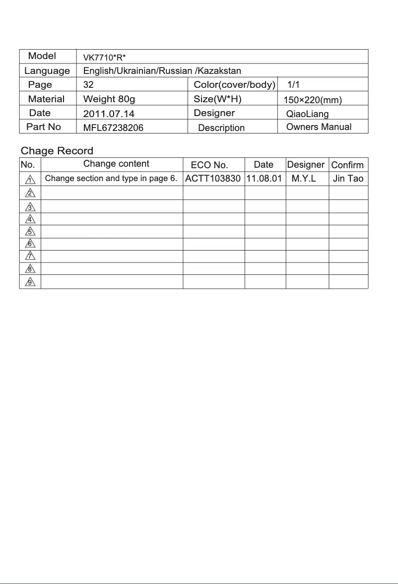 Page 1 de la notice Manuel utilisateur LG VK77101R