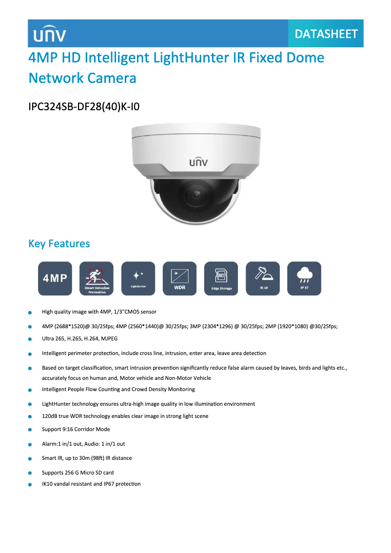Page 1 de la notice Fiche technique UniView IPC324SB-DF28(40)K-I0