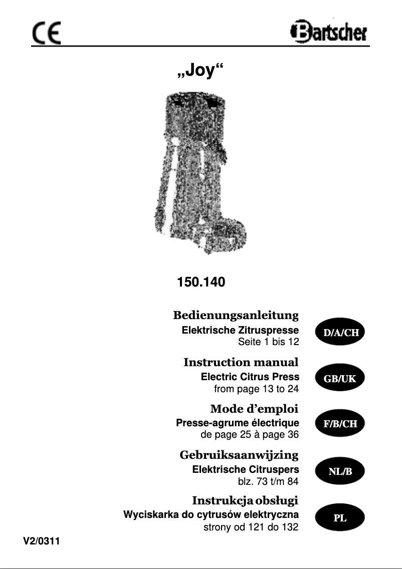 Page 1 de la notice Manuel utilisateur Bartscher Joy 150.140