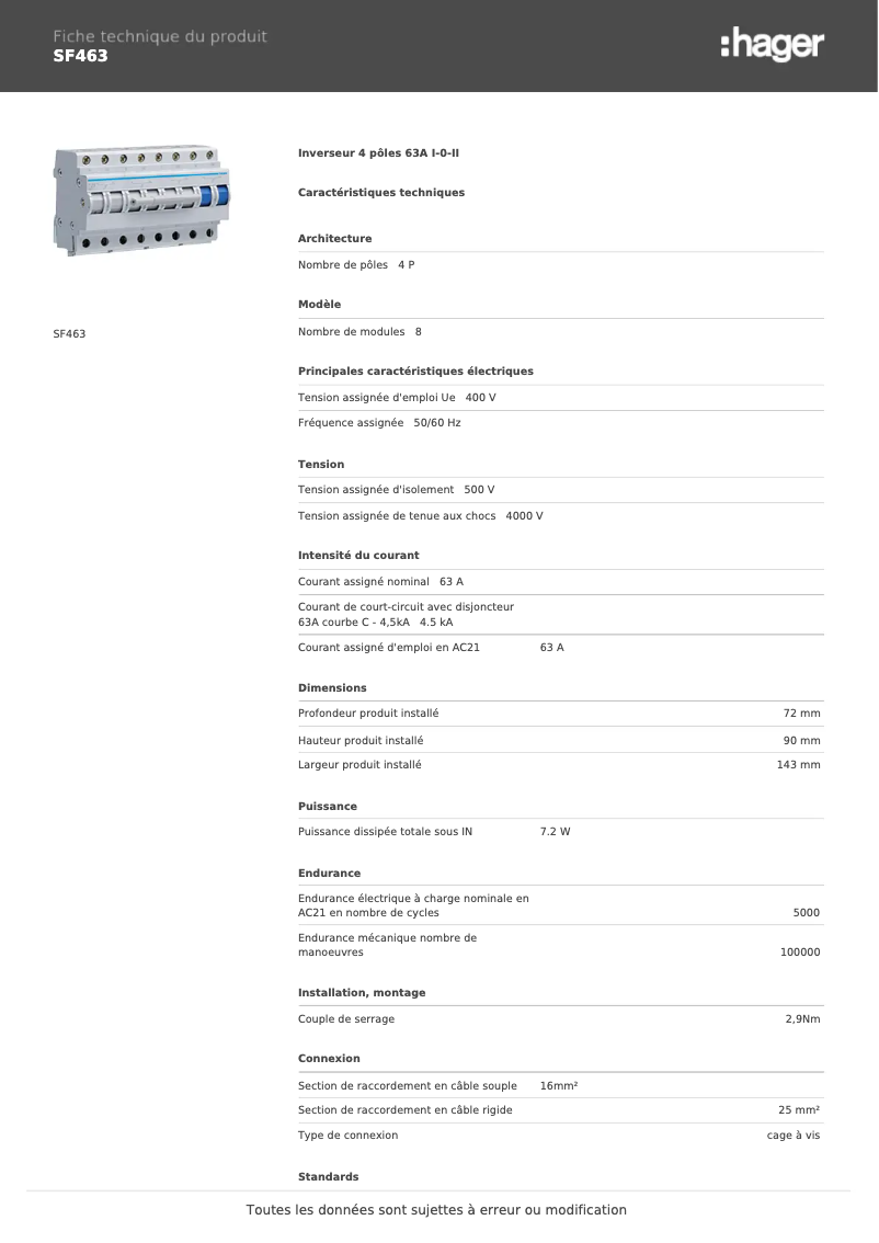 Page n°1 - Fiche technique Hager SF463