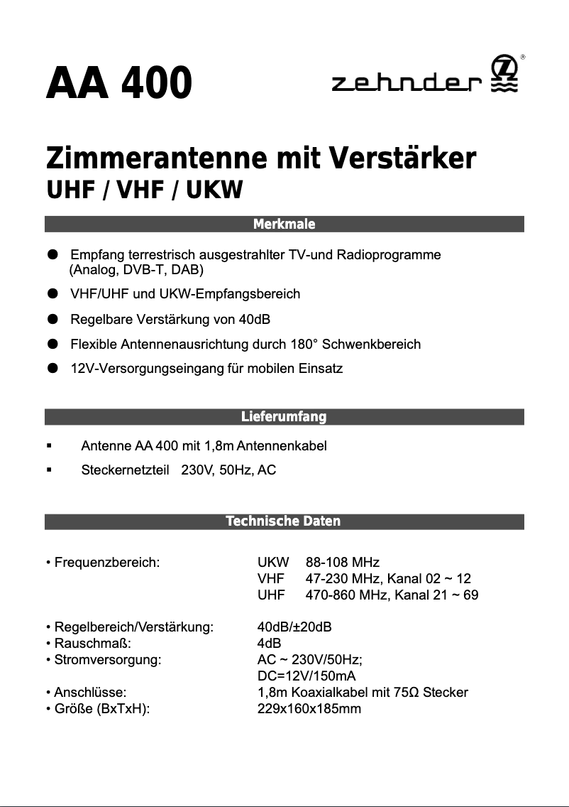 Page 1 of the manual User Manual Zehnder AA 400