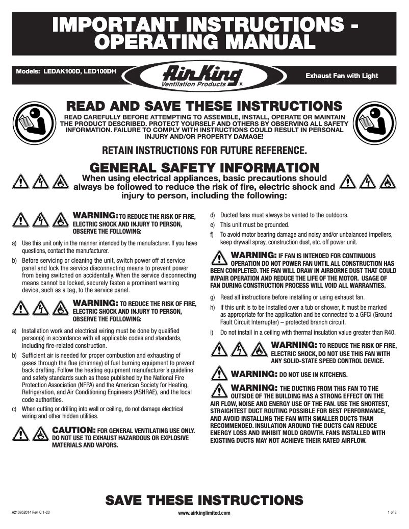 Page 1 de la notice Instructions / montage Air King LEDAK80