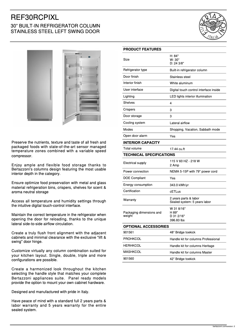 Page 1 de la notice Fiche technique Bertazzoni REF30RCPIXL