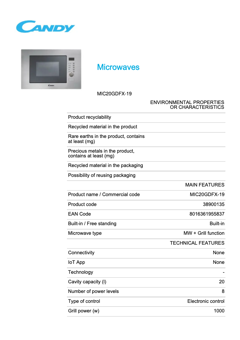 Page 1 de la notice Fiche technique Candy MIC20GDFX-19