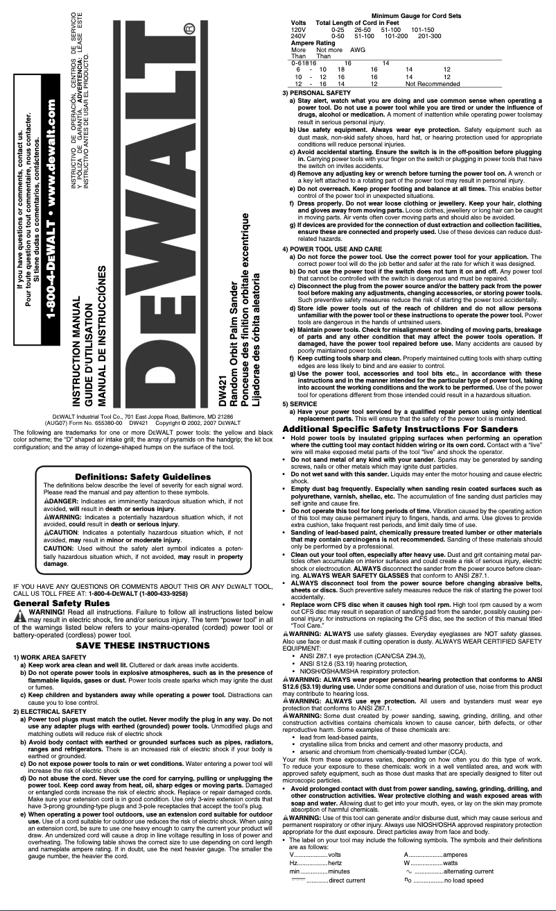 Page 1 de la notice Manuel utilisateur DeWalt DW421K