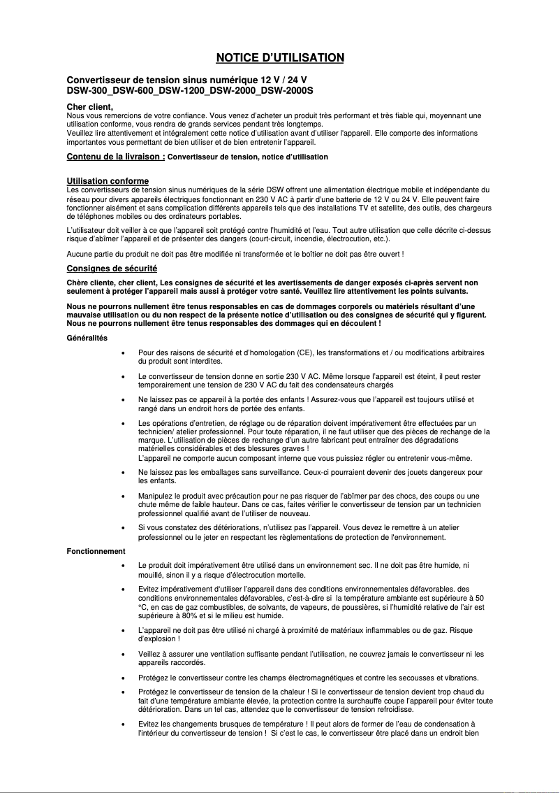Image de la première page du manuel de l'appareil DSW-600
