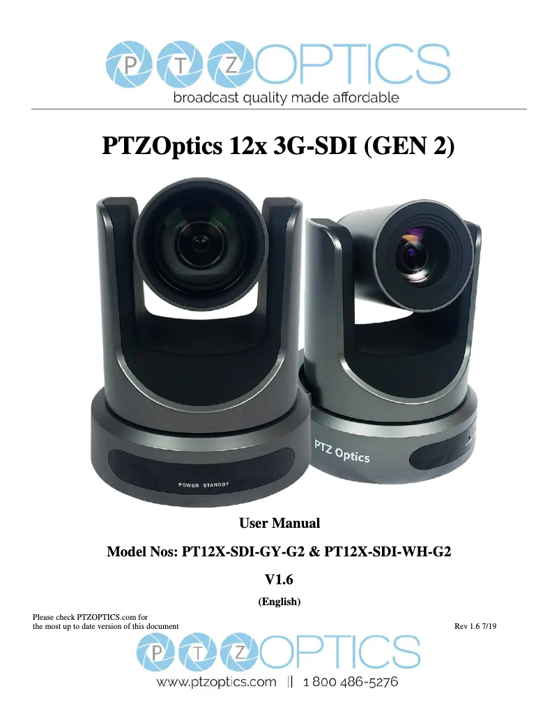 Page 1 de la notice Manuel utilisateur PTZ Optics PT12X-SDI