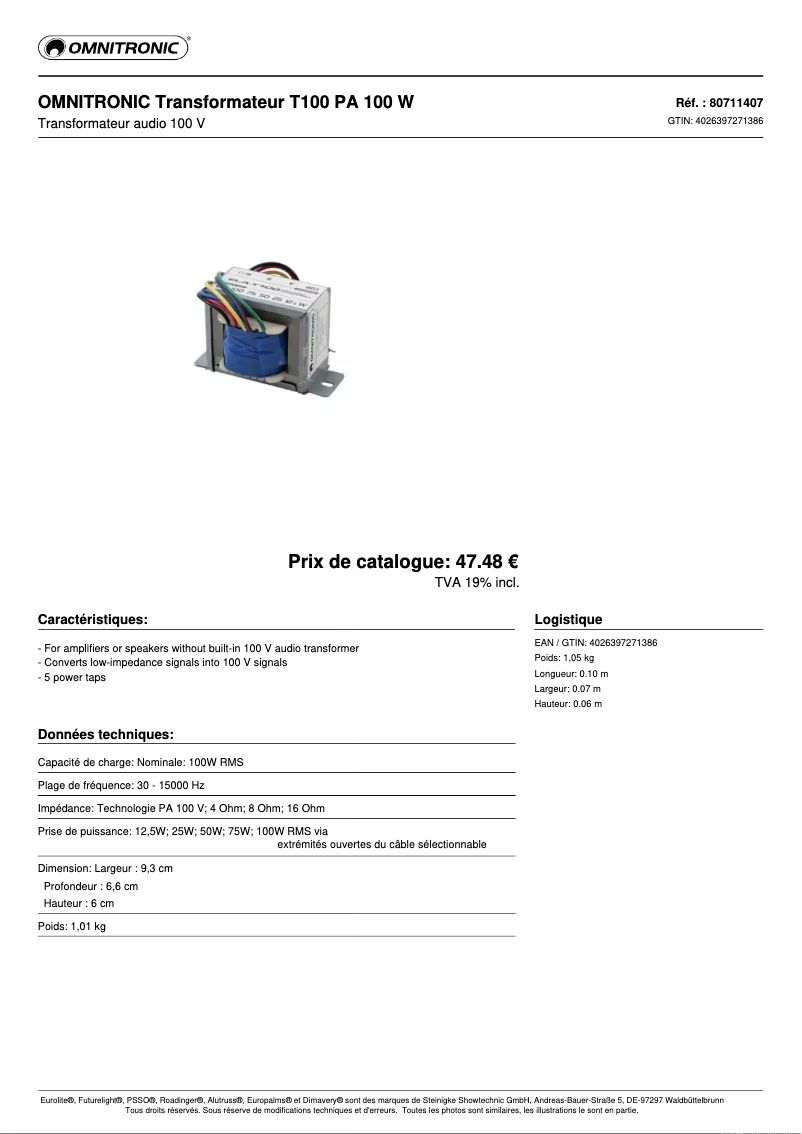 Page n°1 - Fiche technique Omnitronic ELA-T100