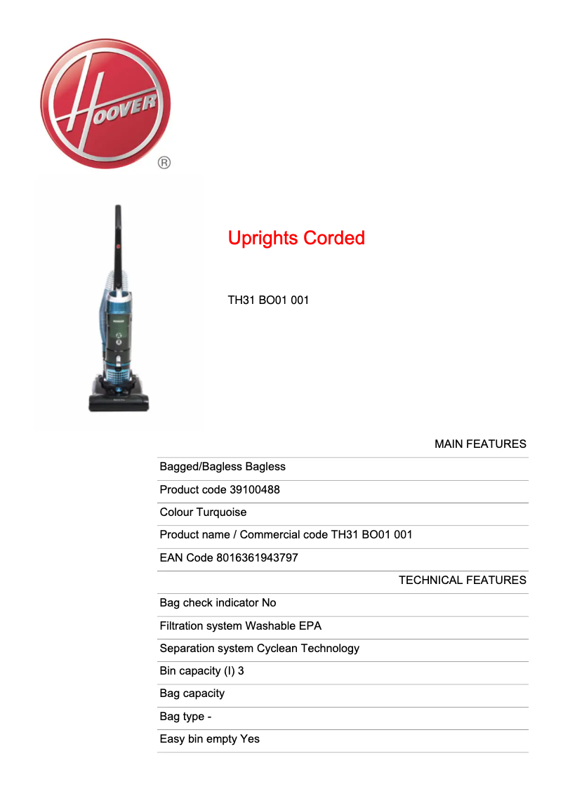 Page n°1 - Fiche technique Hoover Breeze Evo TH31 BO01 001