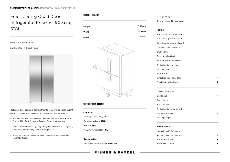 Page 1 de la notice Manuel utilisateur Fisher & Paykel RF605QDVX1