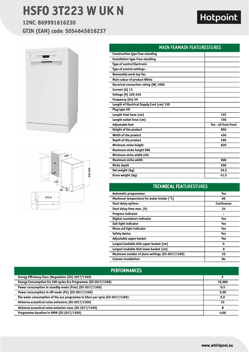 Page 1 of the manual Technical Sheet Hotpoint HSFO 3T223 W UK N