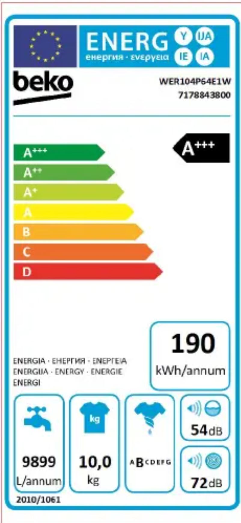 Page 1 de la notice Label énergétique Beko WER104P64E1