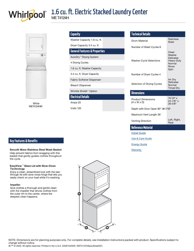 Página 1 del manual Ficha técnica Whirlpool WET4124HW